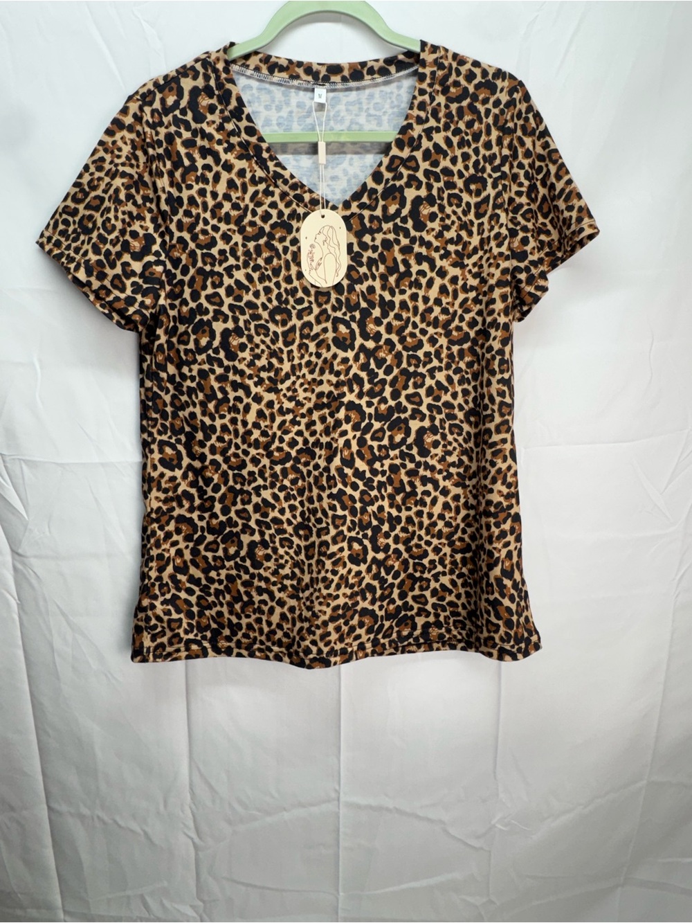 Leopard Print V-Neck Short Sleeve Top - Brown